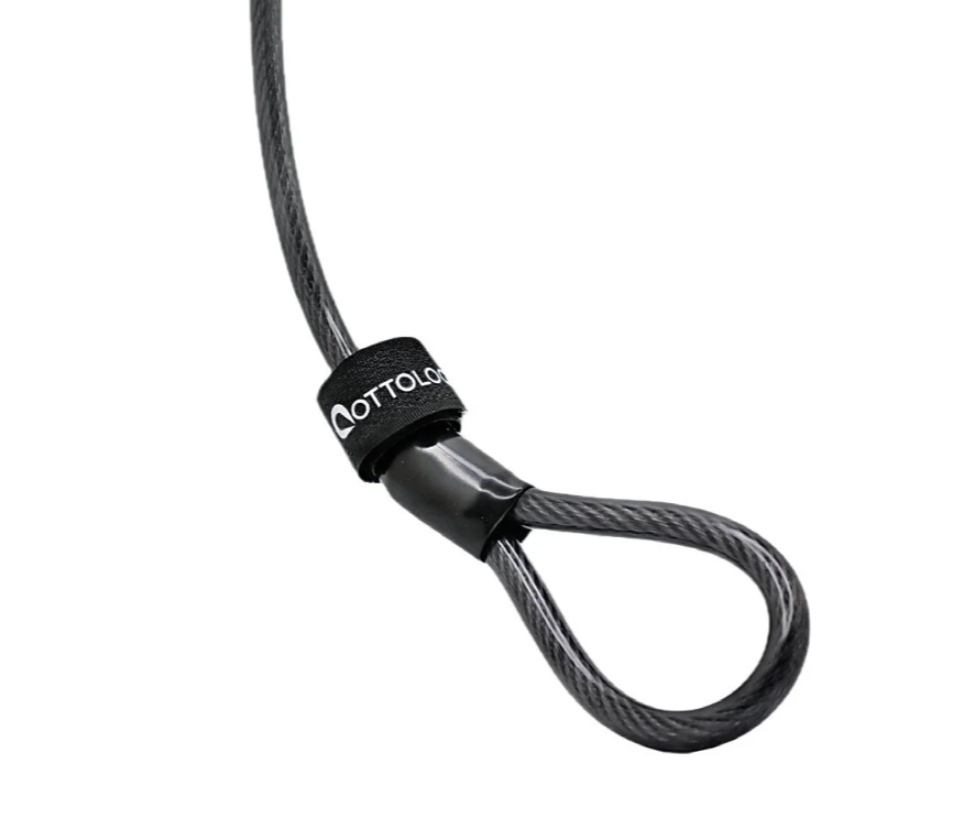 Close-up of the OttoLock SIDEKICK Security Cable's looped end and branded strap