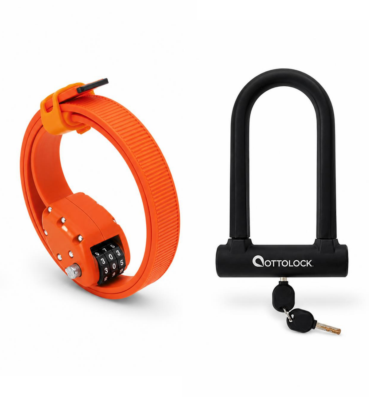 OttoLock Original Cinch Lock in Orange next to a SIDEKICK U-Lock in Black