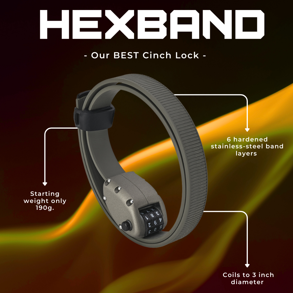 A promotional product graphic for the OTTOLOCK HEXBAND cinch lock. The image shows a dark gray textured band with a combination dial, surrounded by callout lines and text detailing its features: 'Starting weight only 190g', '6 hardened stainless steel band layers', and 'Coils to 3 inch diameter'.