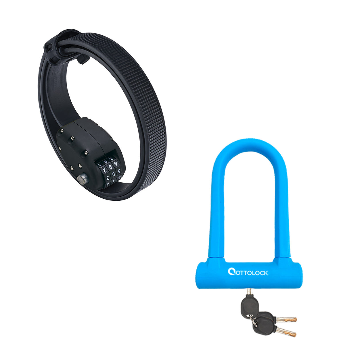 OttoLock Original Cinch Lock in Black next to a SIDEKICK U-Lock in Blue