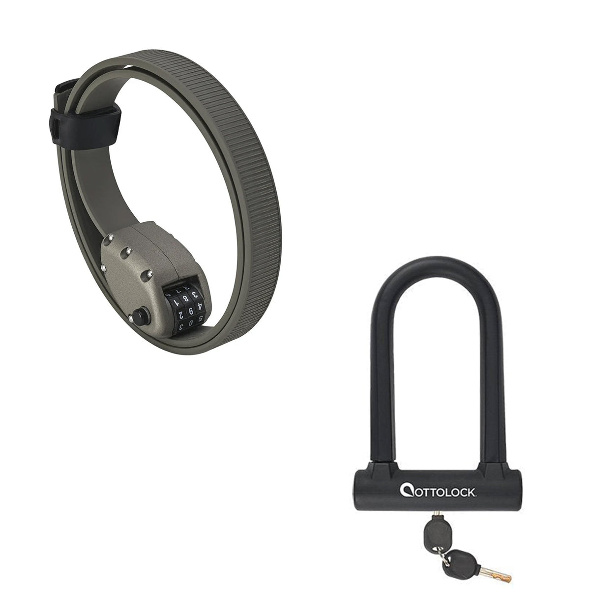 OttoLock HEXBAND Cinch Lock in Grey next to a SIDEKICK U-Lock in Black