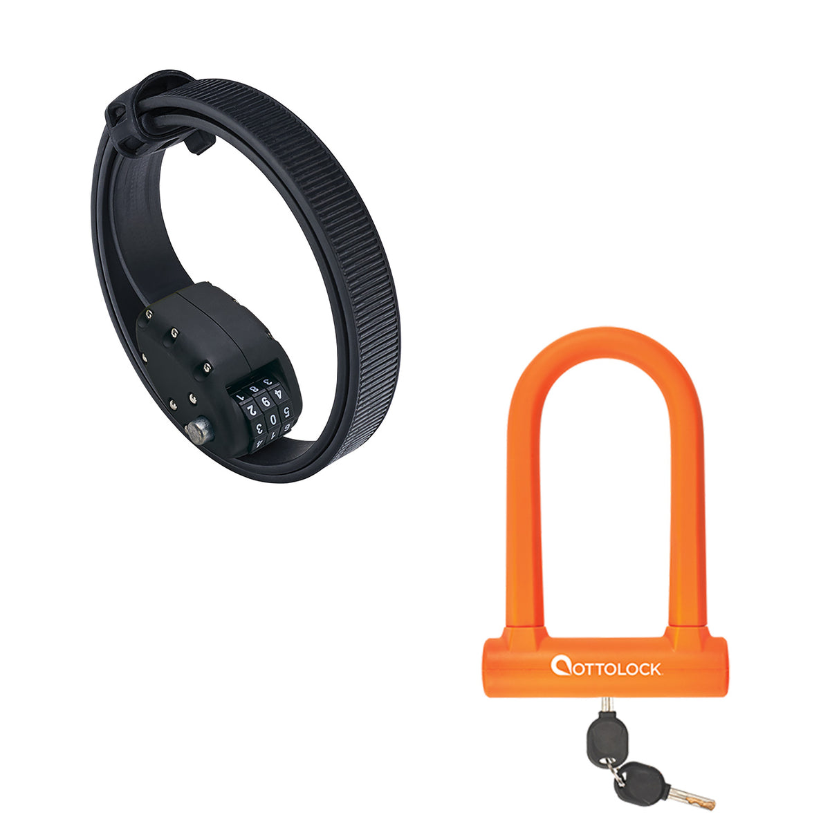 OttoLock Original Cinch Lock in Black next to a SIDEKICK U-Lock in Orange