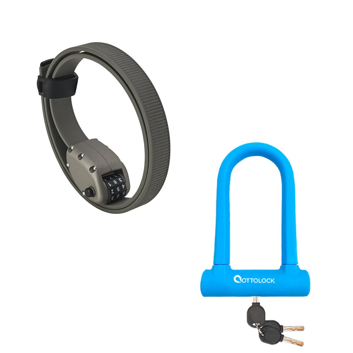OttoLock HEXBAND Cinch Lock in Grey next to a SIDEKICK U-Lock in Blue