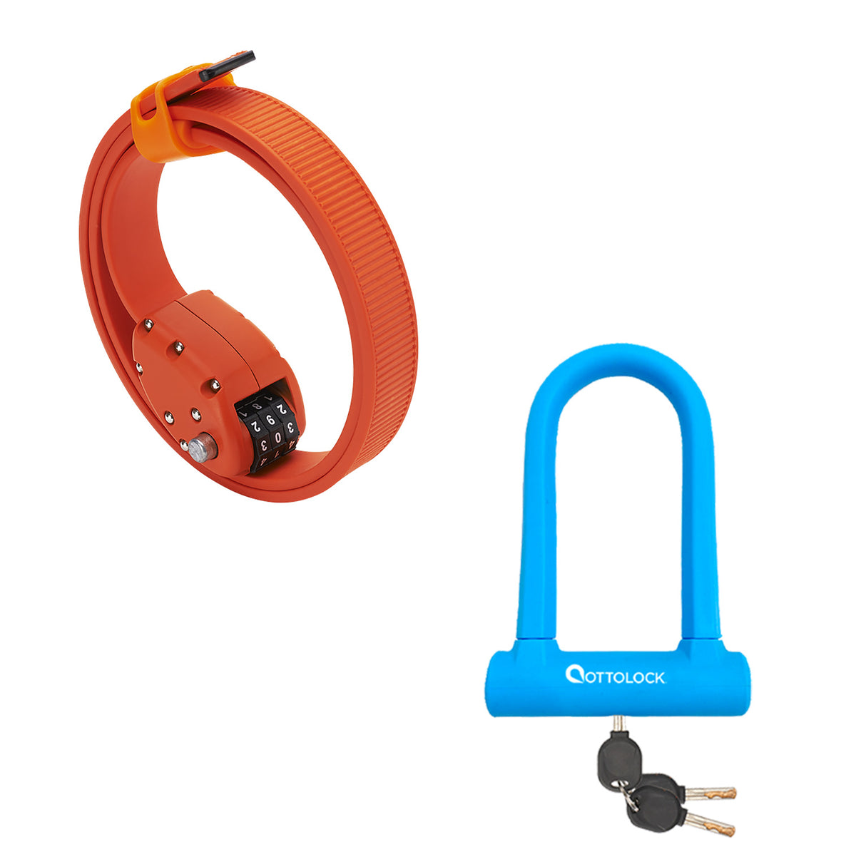 OttoLock Original Cinch Lock in Orange next to a SIDEKICK U-Lock in Blue