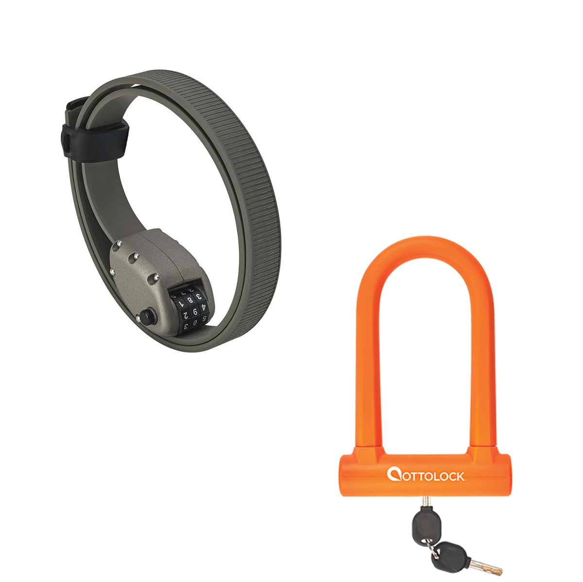 OttoLock HEXBAND Cinch Lock in Grey next to a SIDEKICK U-Lock in Orange