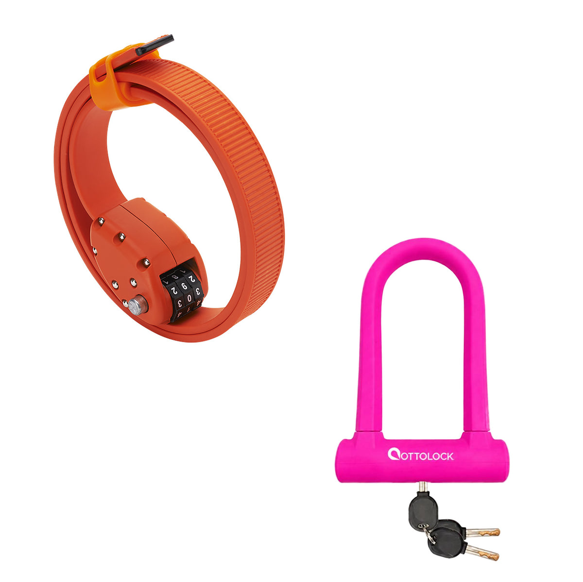 OttoLock Original Cinch Lock in Orange next to a SIDEKICK U-Lock in Pink