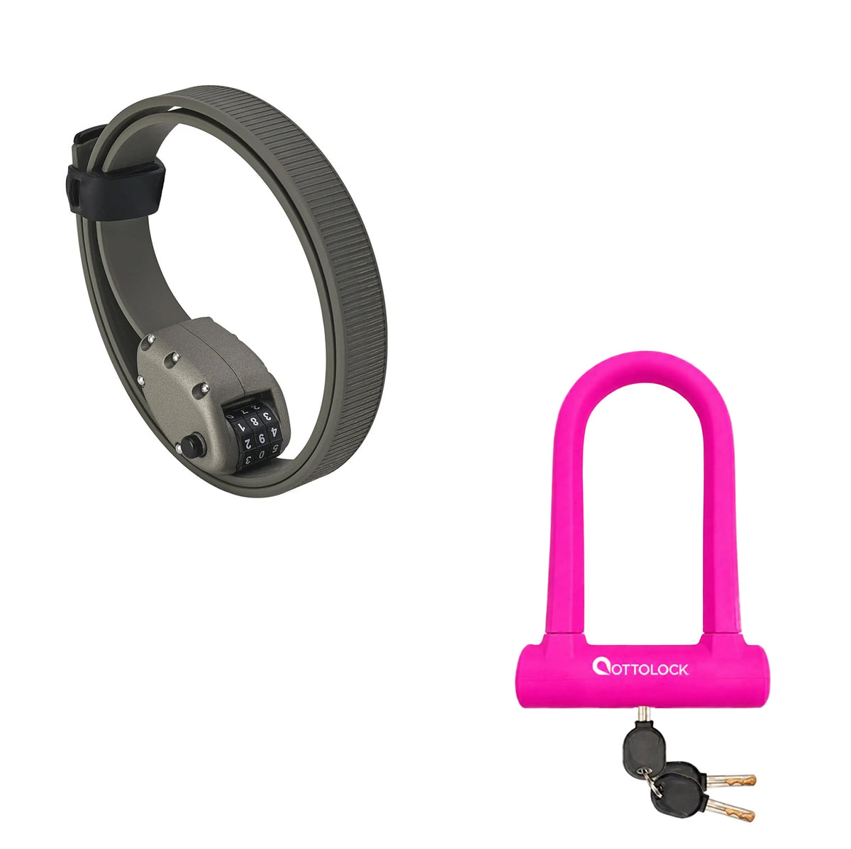 OttoLock HEXBAND Cinch Lock in Grey next to a SIDEKICK U-Lock in Pink