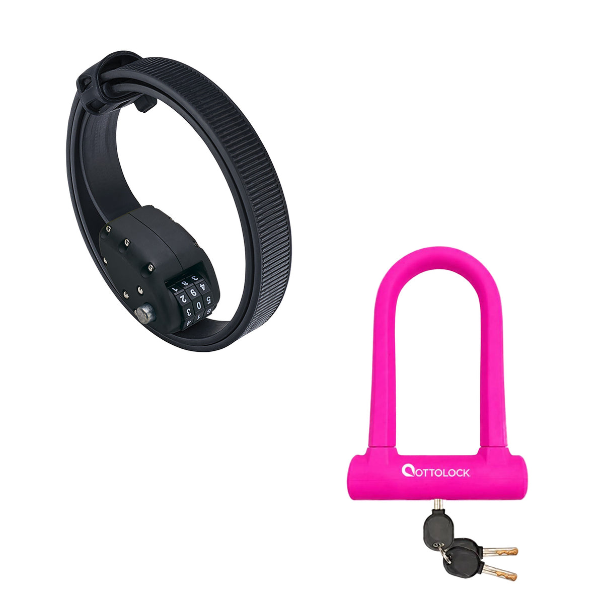 OttoLock Original Cinch Lock in Black next to a SIDEKICK U-Lock in Pink